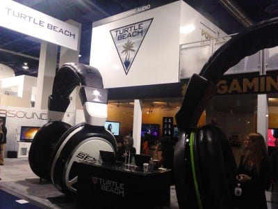 Two over-sized headsets at the Turtle Beach booth.