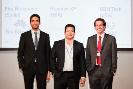(Left to Right) 2014 UFI Operations & Services Award winner Xavier Michavila (Fira Barcelona), is joined by competition finalists Marc Pomerleau (Freeman Enterprise, USA) and Christopher Watters (UBM LLC, USA).