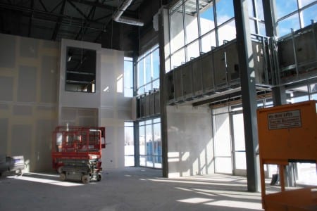 Drywall, paint and indoor accents were added to the lobby of Orbus’ new facility, March 2014.