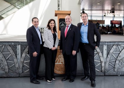From left to right: David Gilbert, president & CEO, Positively Cleveland; Laura Rayburn, vice president of development, Great Lakes Science Center; Peter Pantuso, president & CEO, American Bus Association; Todd Mesek, vice president of marketing & communications, Rock and Roll Hall of Fame and Museum 