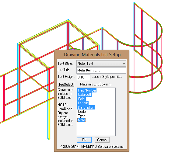 Selecting columns to include in drawing BOM List of Metal Items.