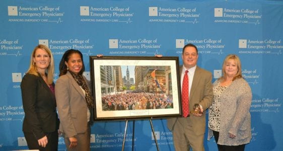 Maria Grasso, PHLCVB Senior National Accounts Director and Julie Coker Graham, PHLCVB Executive Vice President present Robert Heard, ACEP Associate Executive Director for Membership & Education and Debbie Smithey, ACEP Director of Educational Meetings with token of appreciation for bringing ACEP's 2023 meeting to Philadelphia