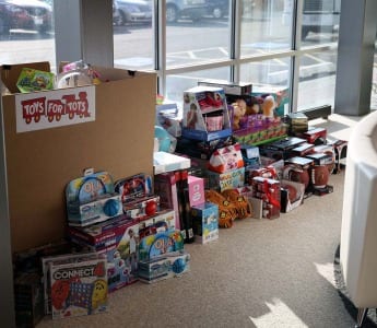 Toys purchased for Toys for Tots in the Orbus lobby before being boxed up.