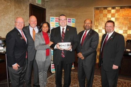 American Heart Association Director of Meetings, Office of Science Operations Jason Ware receives Philadelphia's highest honor, the Liberty Bowl for selecting Philadelphia. From L - R: Jack Ferguson, PHLCVB president & CEO; Greg Stafford, Greater Philadelphia Hotel Association president; Julie Coker Graham, PHLCVB executive vice president; Jason Ware; Philadelphia Mayor Michael A. Nutter and John McNichol, Pennsylvania Convention Center president & CEO.