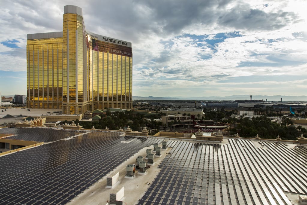 Covering 20 acres, the solar array was installed atop Mandalay Bay Resort & Casino. 