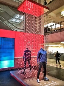 About 170 strands of pulsating, morphing Pixel360 LED lights highlight Nike’s new “Tech” line of sportswear.