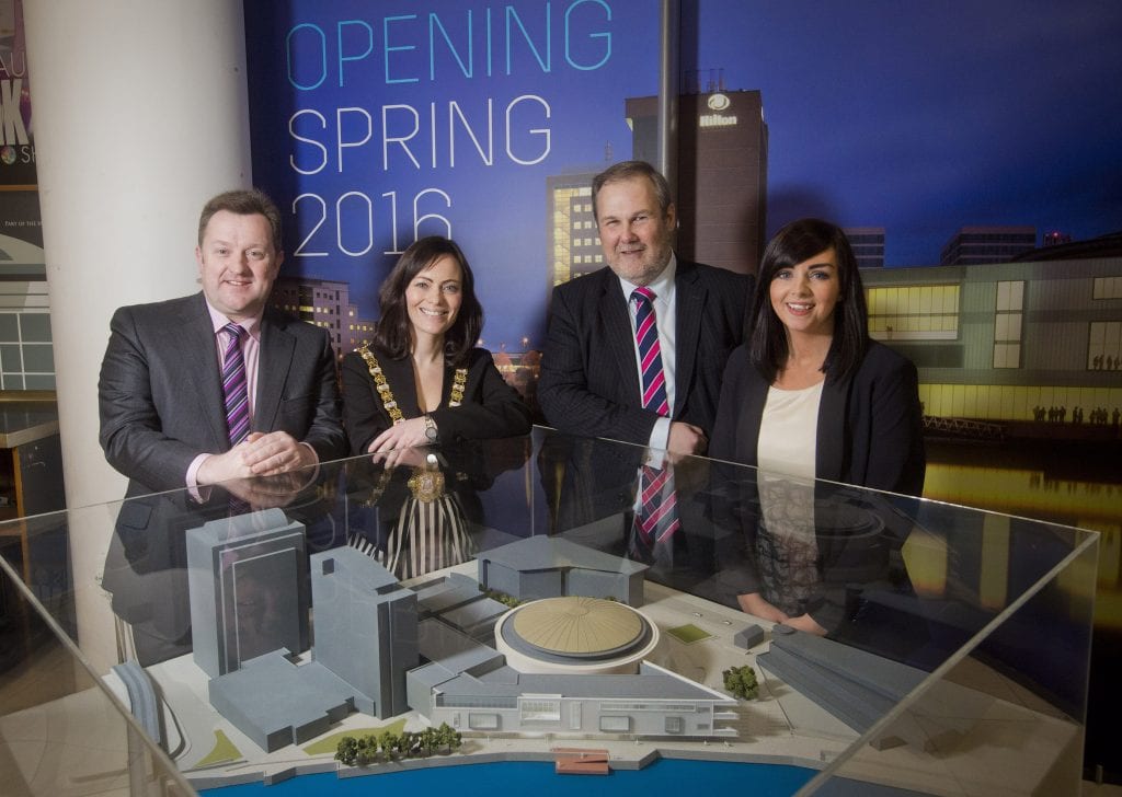 Key speakers at Visit Belfast Ambassador Evening check out the 3D model of the extended Belfast Waterfront.