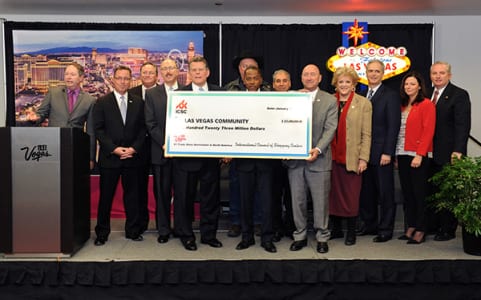 Tim McGuinness, V.P. Global Trade Expo., Commissioner Lawrence Weekly and  LVCVA President/CEO Rossi Ralenkotter at ICSC Announcement Press Conference after LVCVA Board of Directors meeting at Cashman Center.   Photo Credit:  Brian Jones, Las Vegas News Bureau