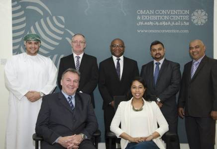 (Back Row Left to Right): Mohammed Waheed Al Lawati - Executive Assistant, Pieter du Plooy - Systems Administrator, Derek Wilson - Audio Visual and Production Manager, Thomas Joseph - Business Development Manager for Exhibitions; and Chanaka Fonseka - Food and Beverage Director. (Front Row Left to Right): Troy Reynolds - Head of Event Operations and Sheikha Al Mugheiry - International Business Development Manager.