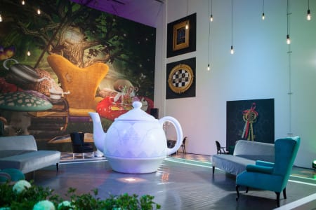 Dimension Design transformed its warehouse into a garden tea party.