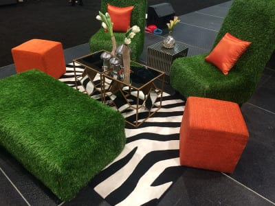 A zebra print rug and gold coffee table offset the "lawn" chairs.