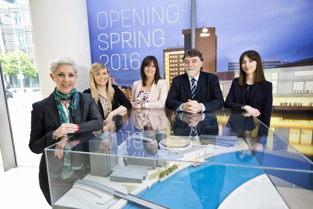 Belfast Waterfront has appointed five more staff to meet the increasing demand for its new world class conference facility opening in Spring 2016.  (From left to right): Susie McCullough (Director of Sales and Marketing), Lisa Turkington (Digital Marketing Executive), Kim Keighley (Exhibition and Business Sales Executive), Peter McCartney and Aoife Glenn (GB and International Conference Sales Executives).