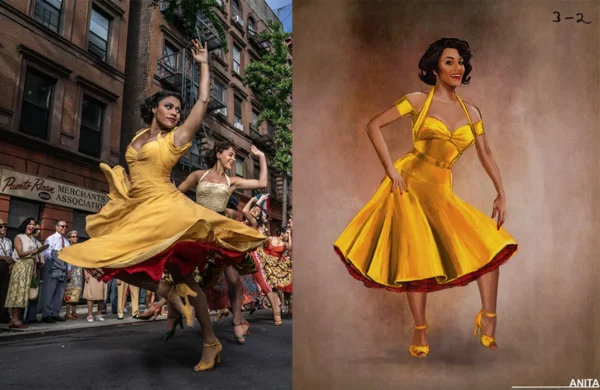 Side-by-side image of West Side Story dancers and Paul Tazewell’s costume sketch of Anita’s yellow dress featured in the MSI exhibit.