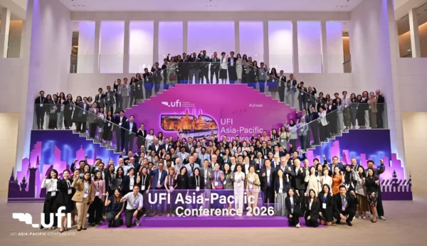 Group photo of delegates at the UFI Asia-Pacific Conference 2026 at Queen Sirikit National Convention Centre in Bangkok.