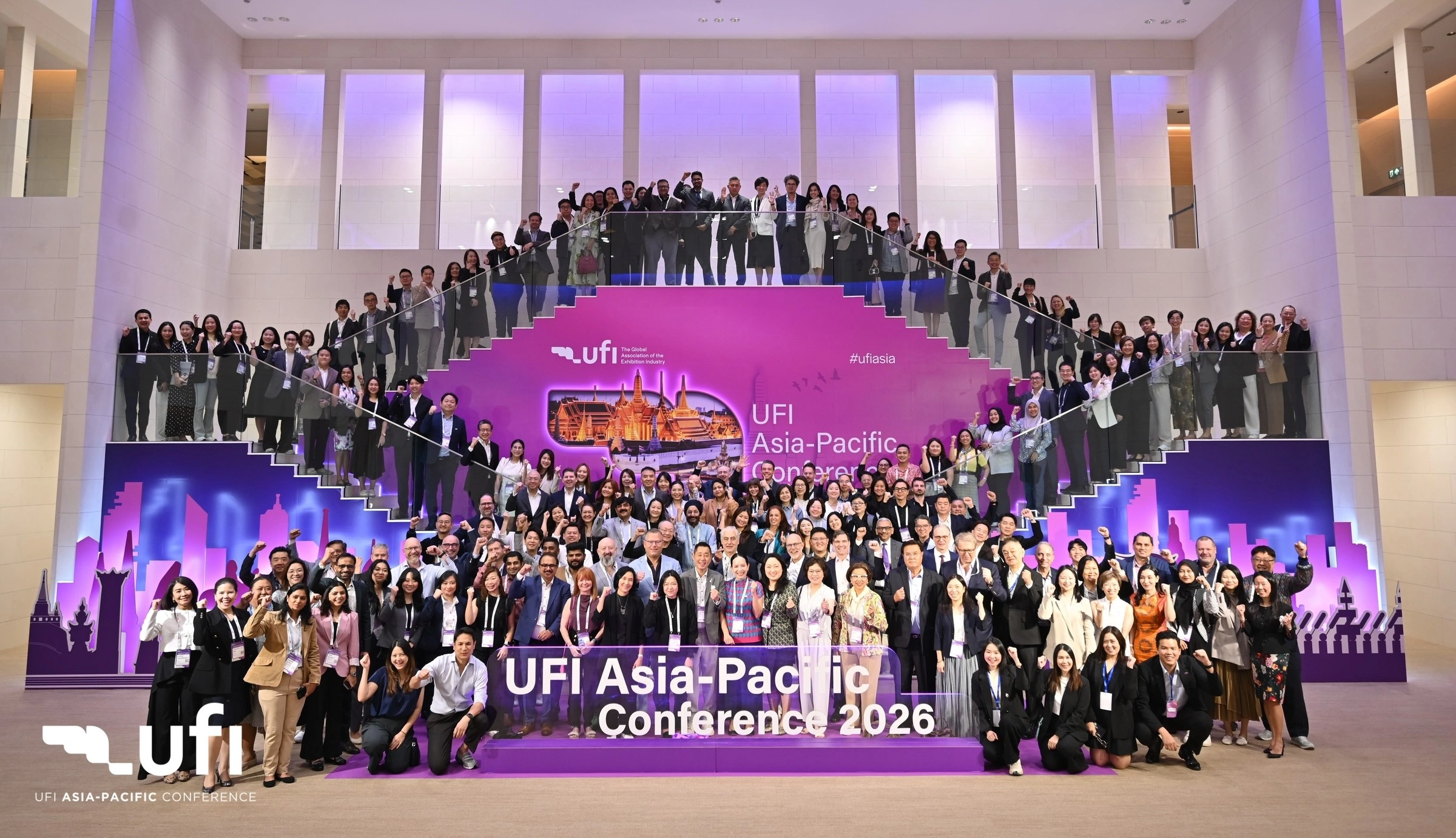 Group photo of delegates at the UFI Asia-Pacific Conference 2026 at Queen Sirikit National Convention Centre in Bangkok.