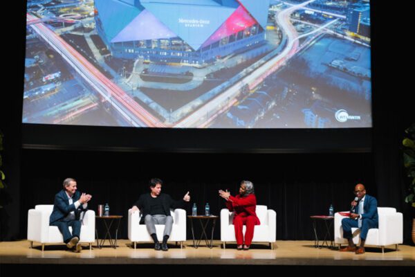 Panelists speak at Atlanta’s FIFA World Cup 2026 hospitality briefing at the Rialto Center.
