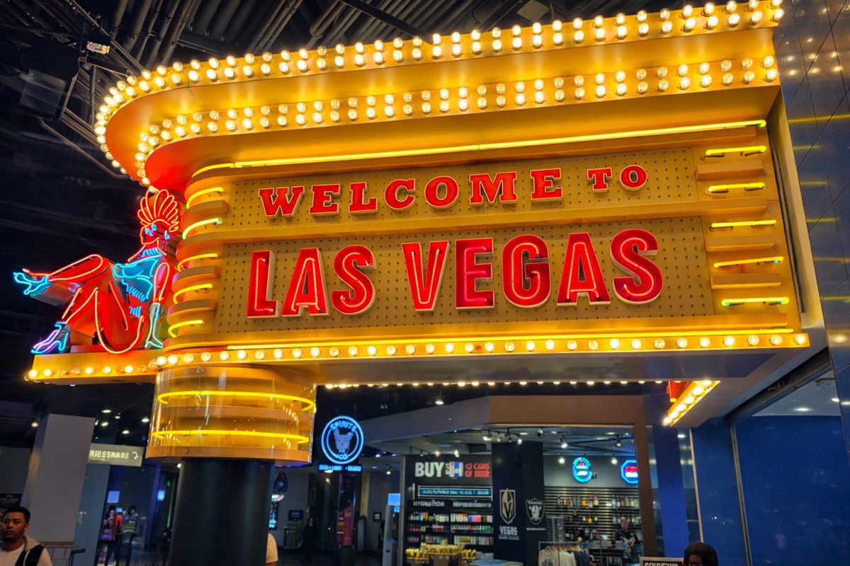 “Welcome to Las Vegas” marquee sign inside the MGM Grand concourse.