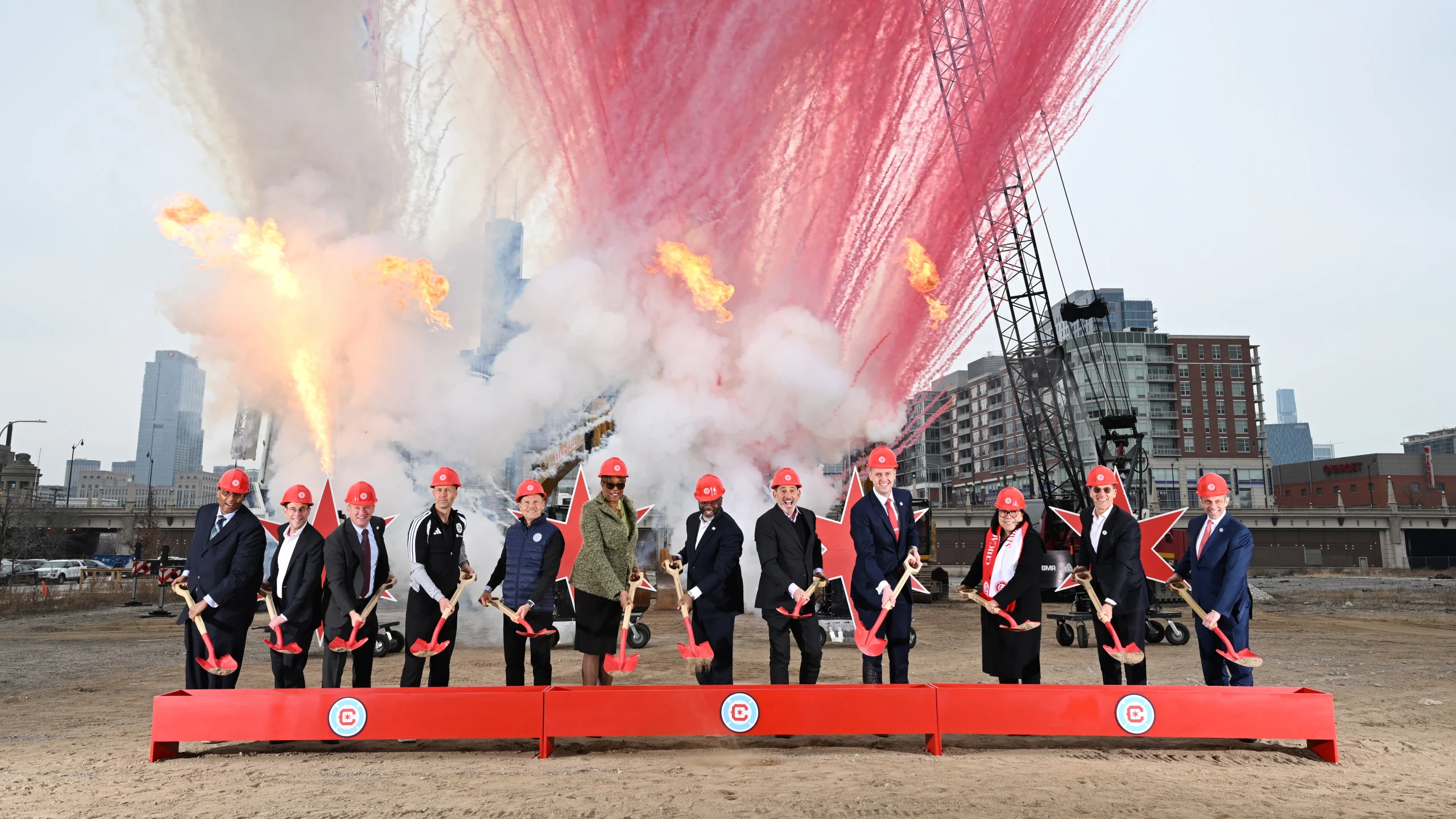 Chicago Fire FC officials and civic leaders break ground on the planned stadium at The 78 in Chicago.