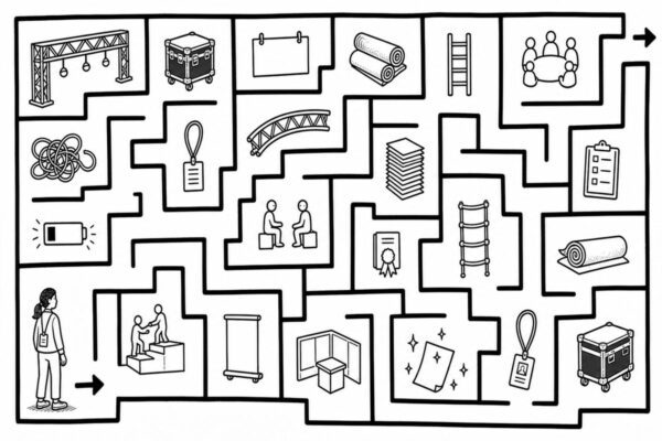 Illustration of an event industry career maze with exhibit, production, training, and workplace icons.