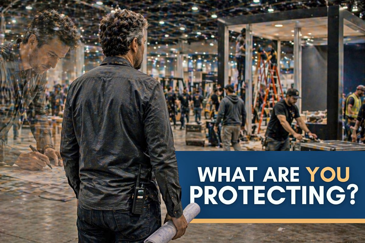 Leader standing on a busy tradeshow floor with the words “What are you protecting?” on the image.