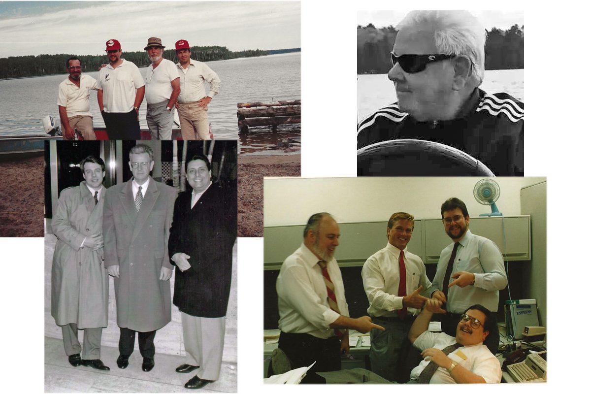 Collage of vintage and more recent photographs showing Thomas Bacha with friends, coworkers, and colleagues during various moments throughout his life and career.