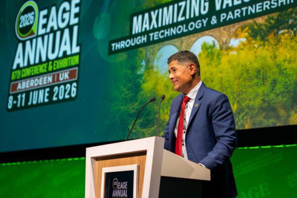 Speaker at a podium during the EAGE Annual Conference and Exhibition at P&J Live in Aberdeen.