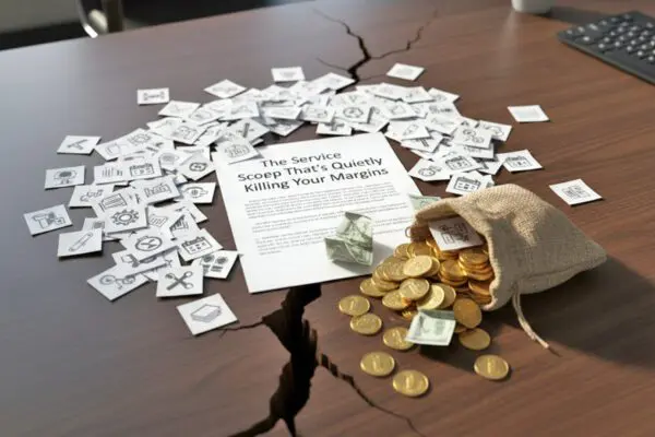Illustration of service icons, money, and a cracked desk representing shrinking business margins.