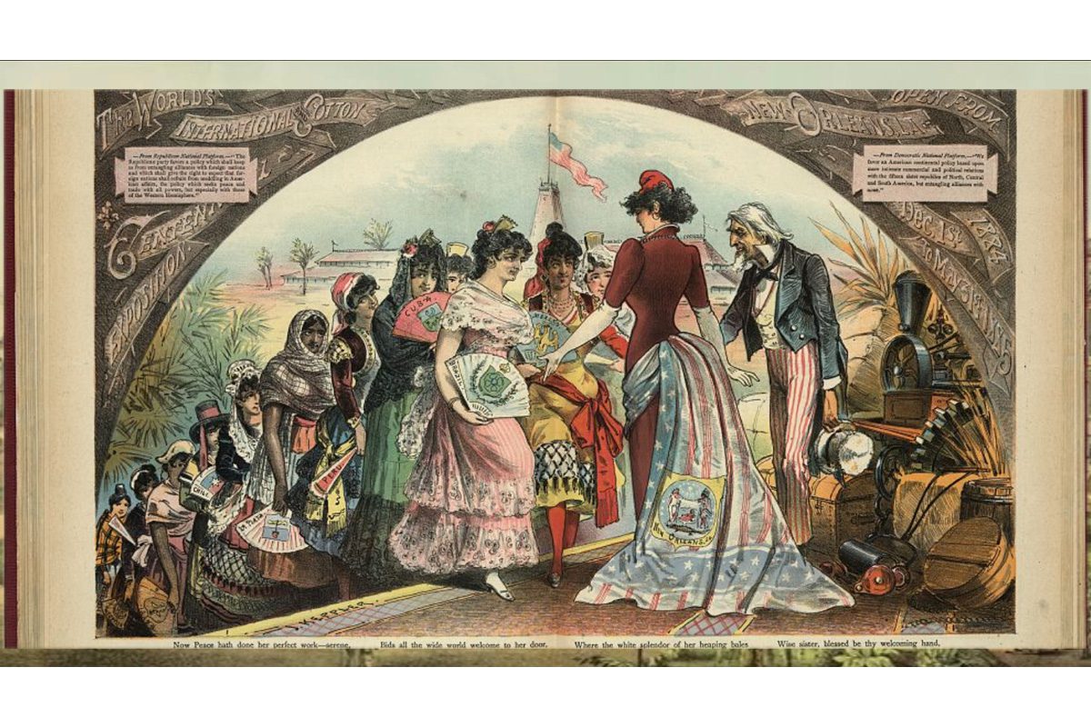 1884 chromolithograph showing Uncle Sam and Liberty welcoming international figures to the New Orleans exposition.