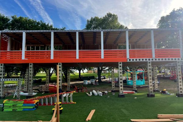 Large outdoor activation structure under construction for a FIFA World Cup 2026 project.