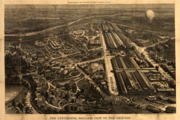 Bird’s-eye illustration of the 1876 Centennial Exhibition grounds in Philadelphia.