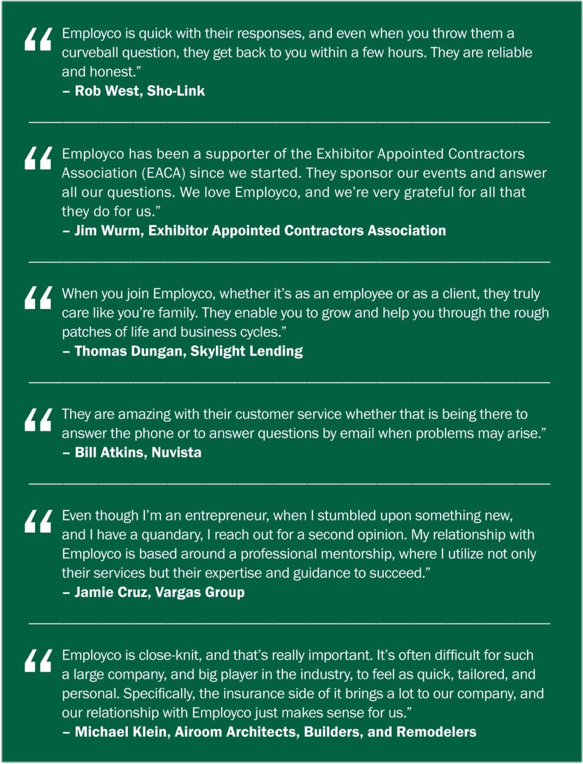 Employco client testimonial quotes displayed on a green graphic.
