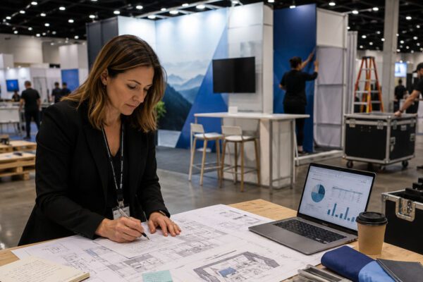 Exhibit designer reviews booth plans and cost data during tradeshow setup.