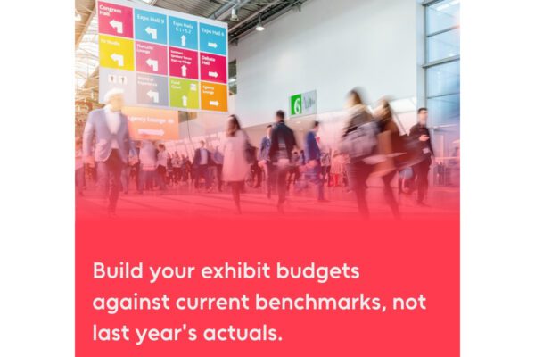 Crowd walking through an event venue with text about building exhibit budgets against current benchmarks.