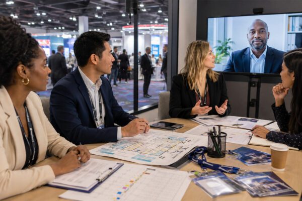Event professionals review floor plans during a hybrid meeting with a remote participant.