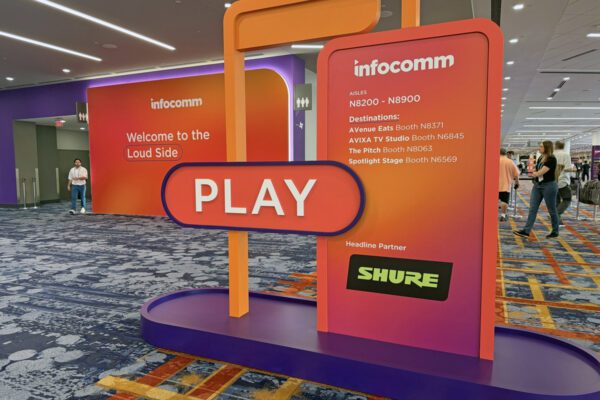 InfoComm 2026 signage for The Pitch and Loud Side at the Las Vegas Convention Center.