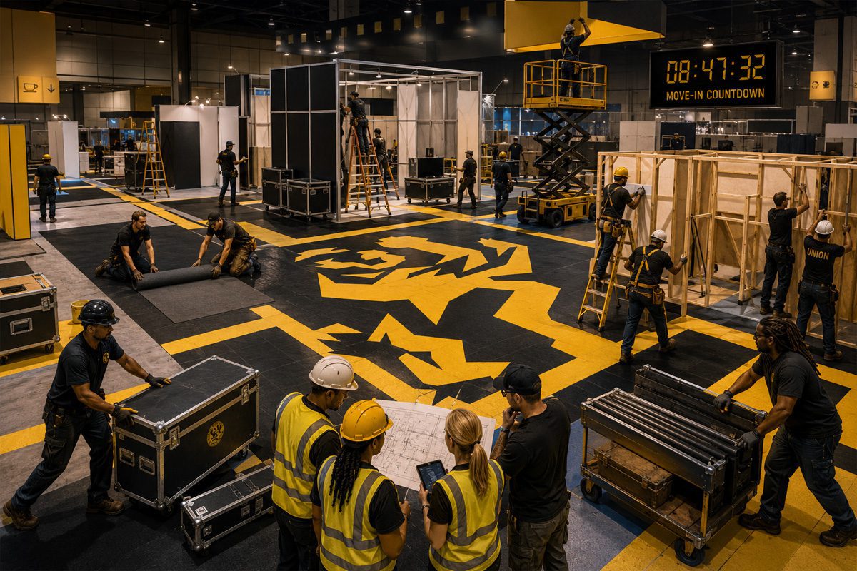 Tradeshow workers install exhibits and flooring during move-in.