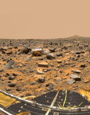 NASA image of the Sojourner rover on the rocky Martian surface after the Mars Pathfinder landing in 1997.