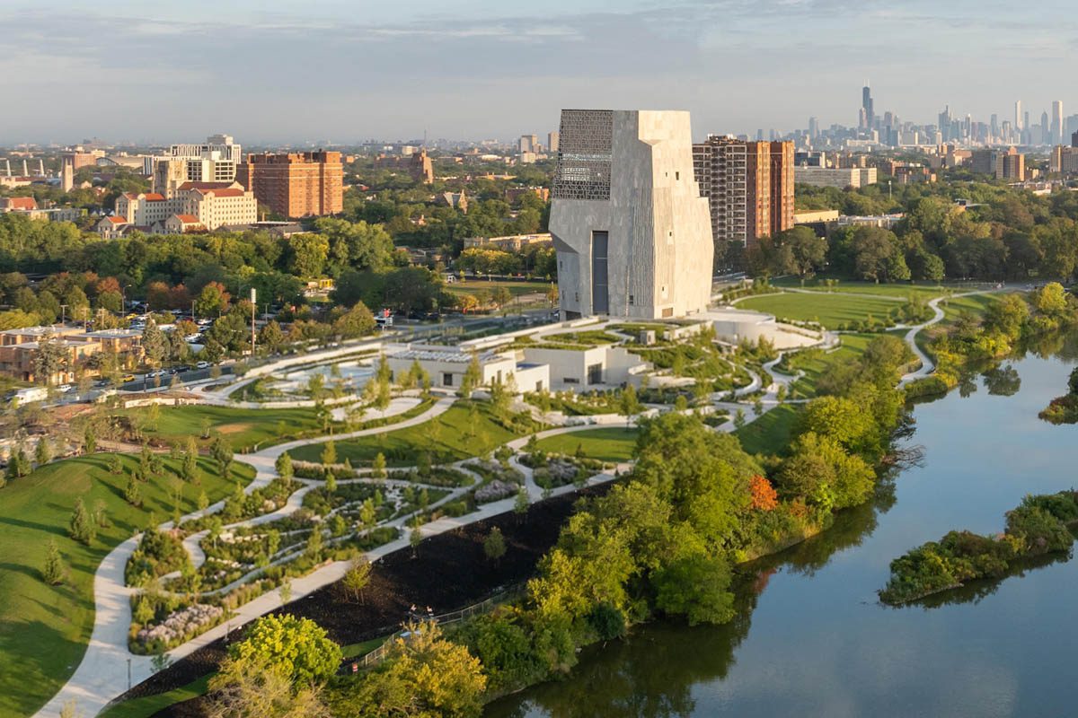 Aerial view of the Obama Presidential Center campus in Jackson Park on Chicago’s South Side.