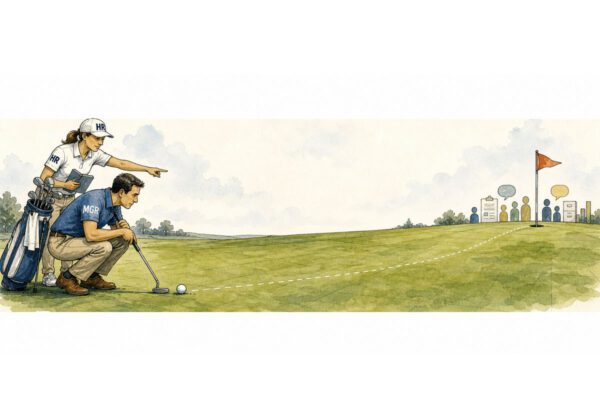 Illustration of an HR guide helping a manager line up a golf shot toward a workplace goal.