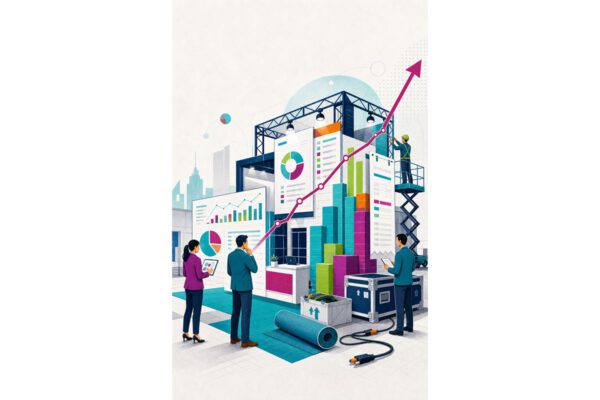 Illustration of an exhibit booth with data charts, workforce analytics, and an upward arrow.