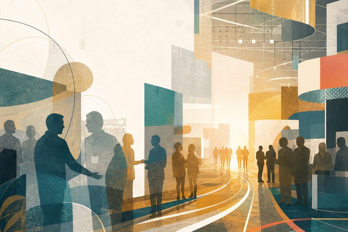 Abstract illustration of people networking on a tradeshow floor.