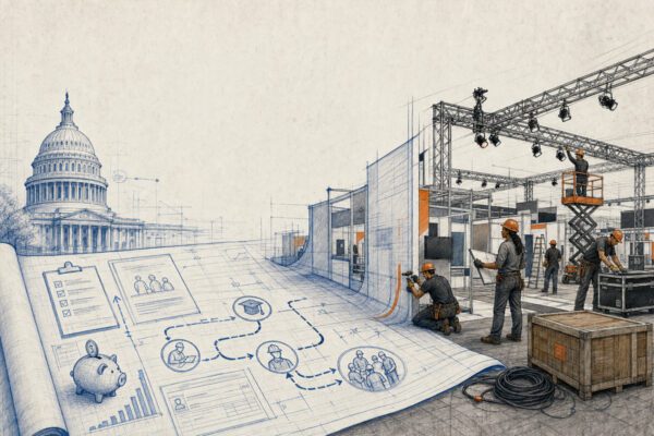 Illustration of the U.S. Capitol, workforce plans, and tradeshow workers building an exhibit.