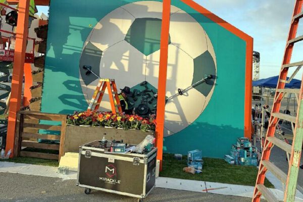 Soccer-themed outdoor activation under construction for a FIFA World Cup 2026 project.