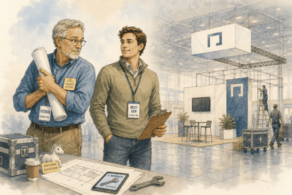 Illustration of a veteran exhibit professional and a next-generation exhibit pro on a tradeshow floor.