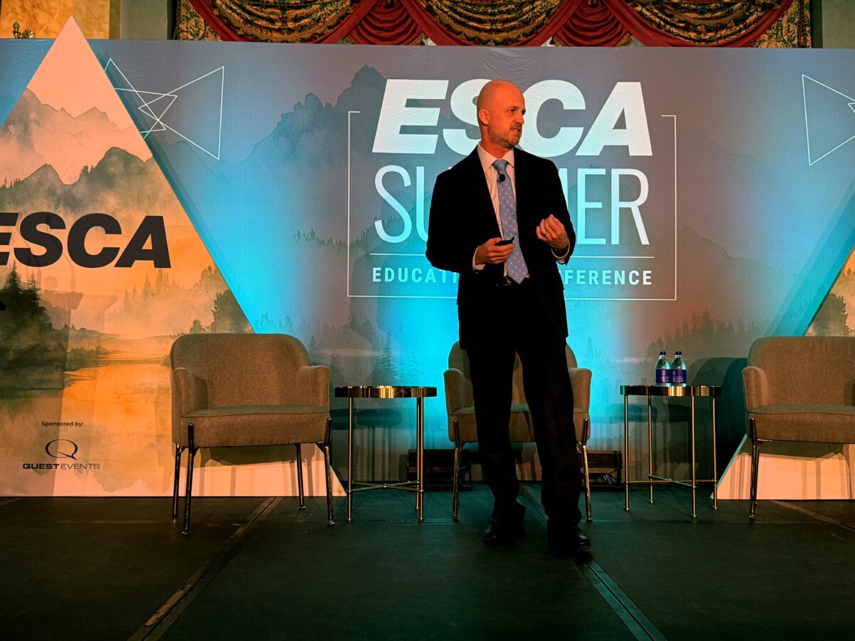 Tommy Goodwin speaks during the ESCA Summer Educational Conference in Banff.