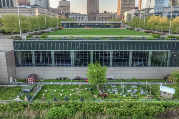Aerial view of the Huntington Convention Center of Cleveland urban farm.