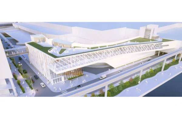 Rendering of Huntington Place upgrades and connected hotel development in Detroit.