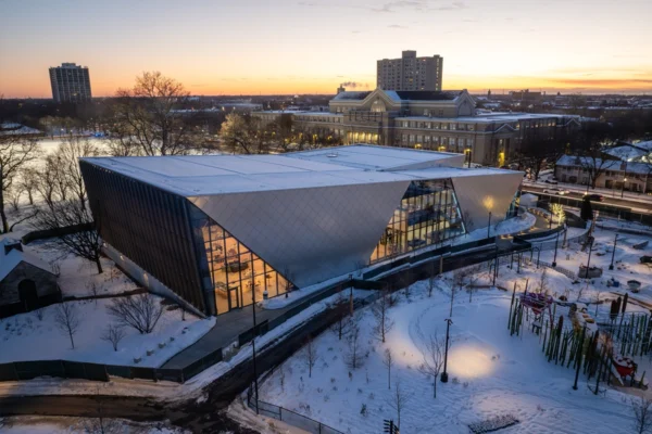Snow-covered Home Court building at the Obama Presidential Center in Chicago