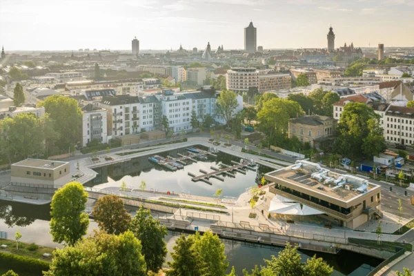 Aerial view of Stadthafen Leipzig and the Leipzig city skyline.