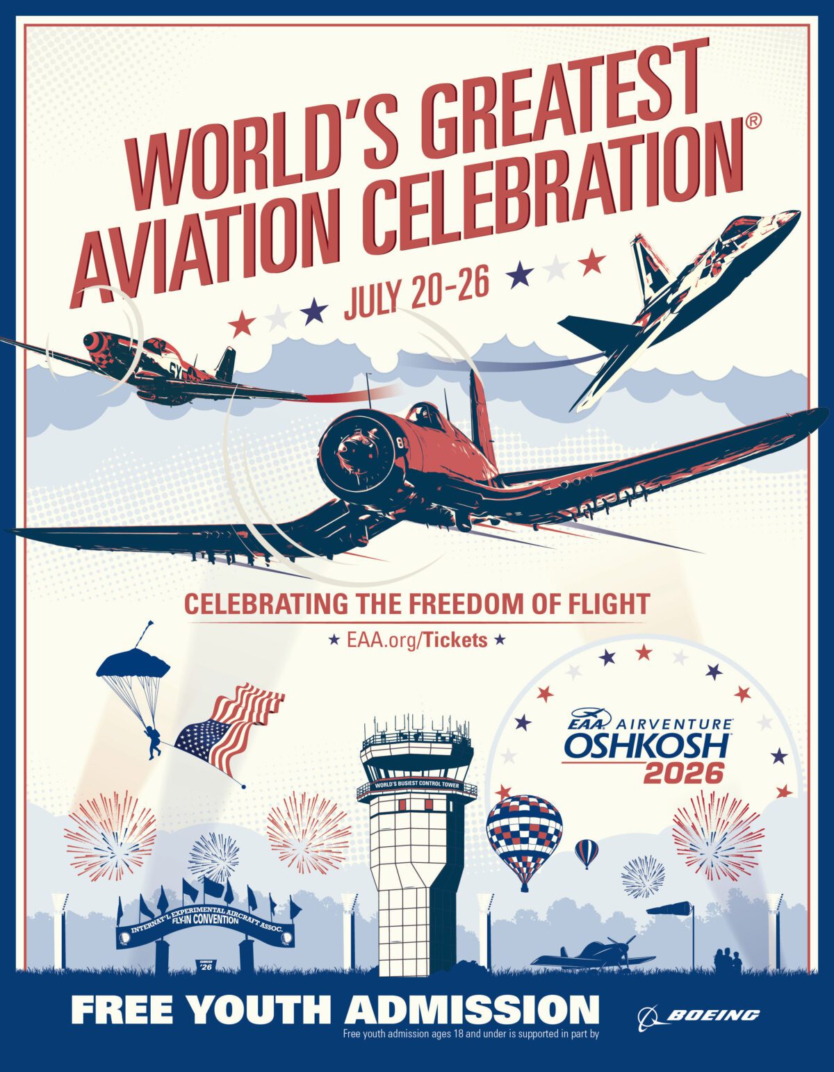 EAA AirVenture Oshkosh 2026 poster with aircraft, fireworks, balloons, and event dates.